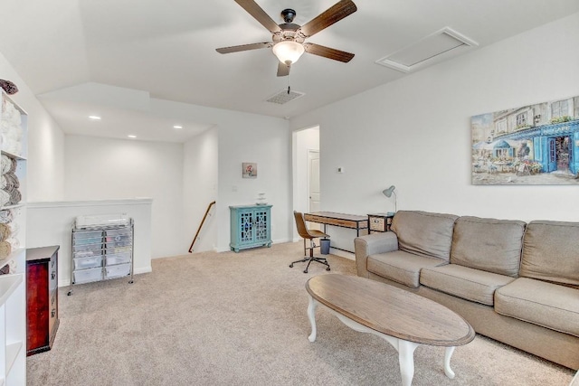 living room featuring light carpet and ceiling fan