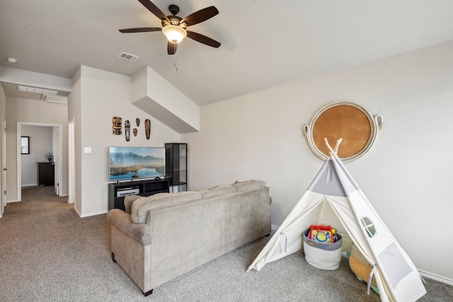 living room with carpet flooring and ceiling fan