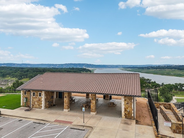 bird's eye view with a water view