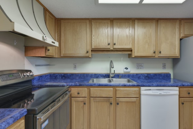8233 Summer Side Dr Unit 172, Austin, TX 78759 - kitchen with stainless steel electric range, white dishwasher, custom exhaust hood, and dark countertops