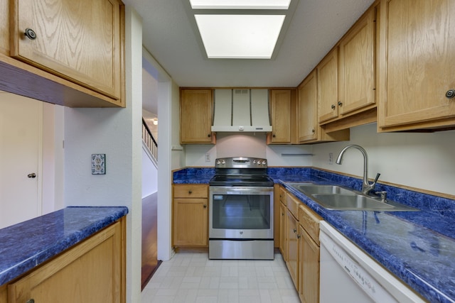 kitchen with white dishwasher, stainless steel range with electric stovetop, wall chimney exhaust hood, and sink