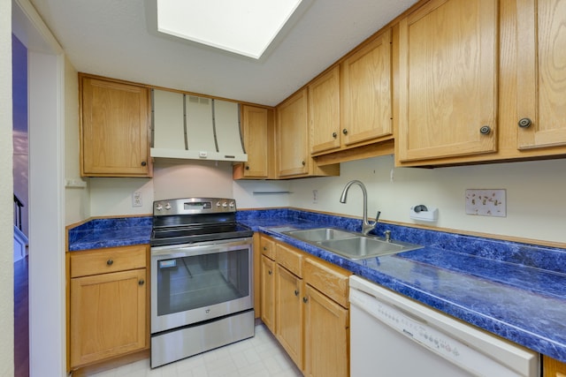 kitchen with stainless steel electric range, dishwasher, sink, and range hood