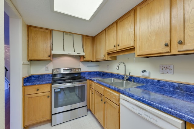 8233 Summer Side Dr Unit 172, Austin, TX 78759 - kitchen with stainless steel electric range, exhaust hood, white dishwasher, and dark countertops