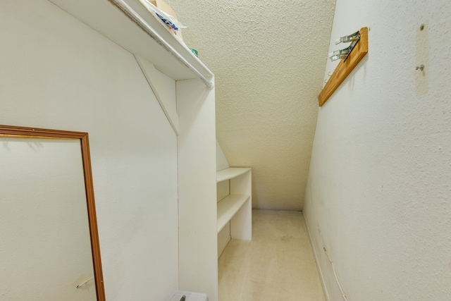 walk in closet featuring light carpet