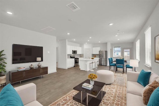 living room featuring sink and light hardwood / wood-style floors