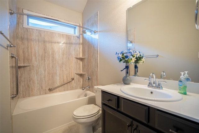 full bathroom with washtub / shower combination, vanity, and toilet