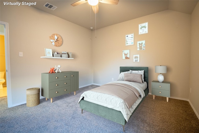 bedroom with vaulted ceiling, carpet, and ceiling fan