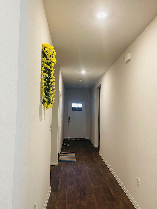 hallway with dark hardwood / wood-style floors