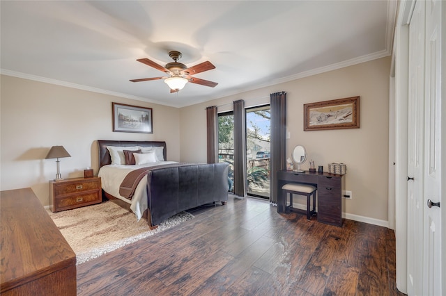 bedroom with ceiling fan, dark wood-type flooring, crown molding, access to outside, and a closet