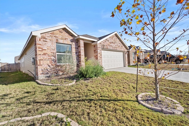 ranch-style home featuring a front yard and a garage