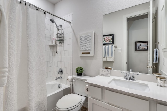 full bathroom featuring vanity, shower / bath combo, and toilet