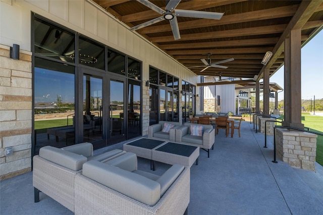 view of patio featuring an outdoor living space and french doors