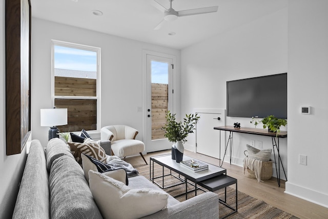 living room featuring ceiling fan and wood-type flooring