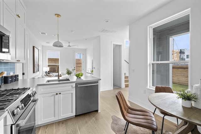 kitchen with a healthy amount of sunlight, stainless steel appliances, white cabinetry, ceiling fan, and sink