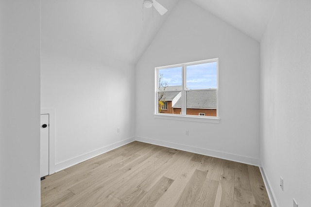 additional living space with lofted ceiling, ceiling fan, and light hardwood / wood-style flooring