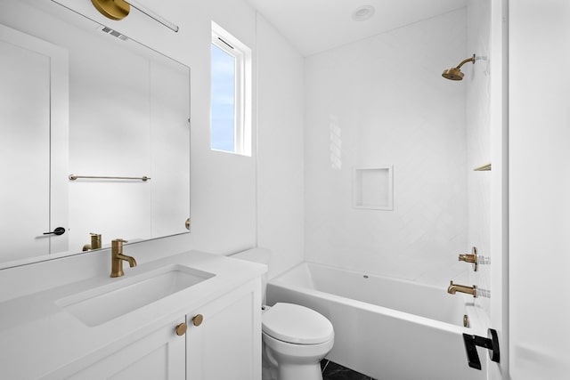 full bathroom featuring toilet, shower / bathtub combination, and vanity