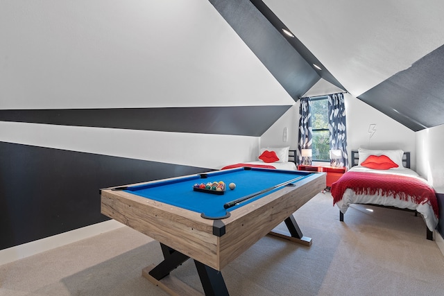 game room featuring carpet, lofted ceiling, and billiards