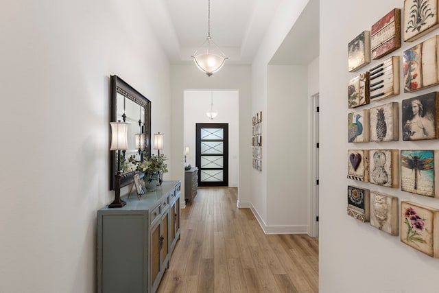 foyer entrance with light hardwood / wood-style flooring