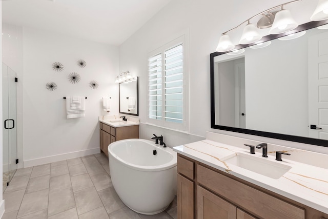 bathroom featuring tile patterned flooring, separate shower and tub, and vanity