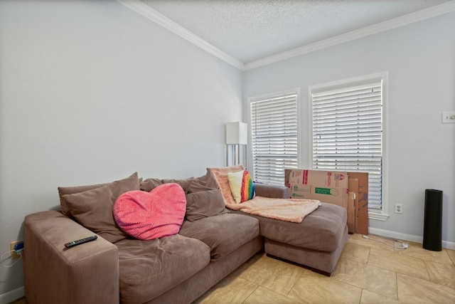 living area with light tile patterned floors, a textured ceiling, crown molding, and baseboards