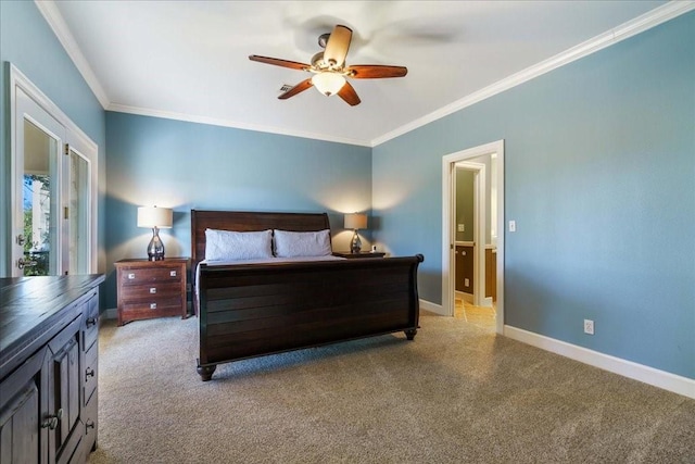 bedroom featuring light carpet, ornamental molding, and baseboards