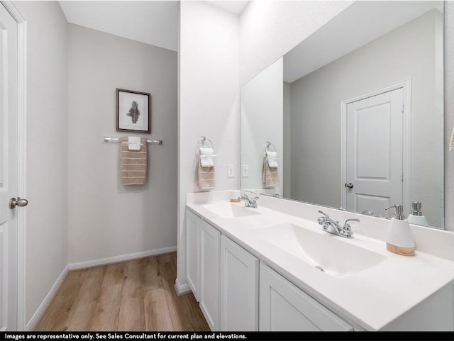 bathroom with baseboards, wood finished floors, double vanity, and a sink