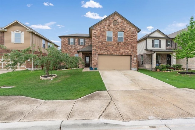 traditional-style home with driveway, brick siding, a garage, and a front yard