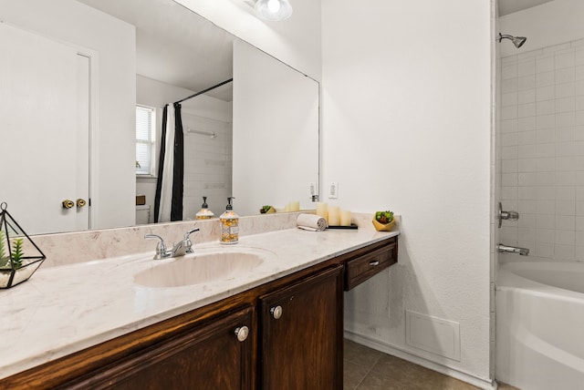 bathroom featuring tile patterned flooring, vanity, and shower / tub combo with curtain