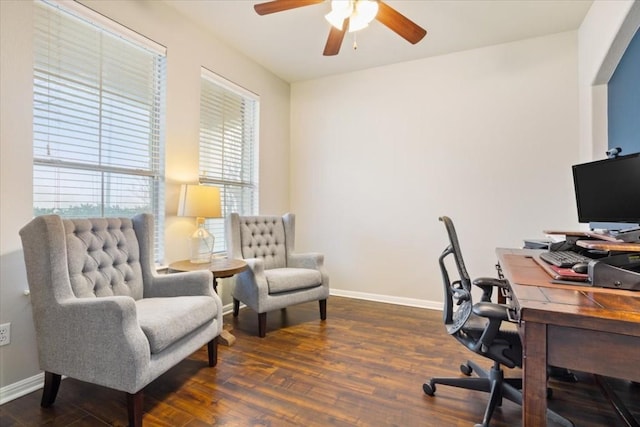 office area featuring dark hardwood / wood-style floors and ceiling fan