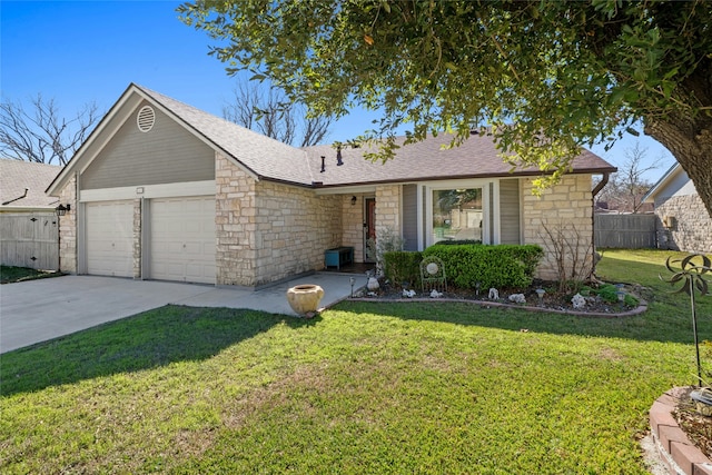 single story home featuring a front lawn and a garage