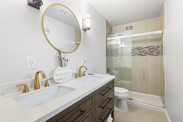 bathroom with tile patterned flooring, vanity, toilet, and walk in shower