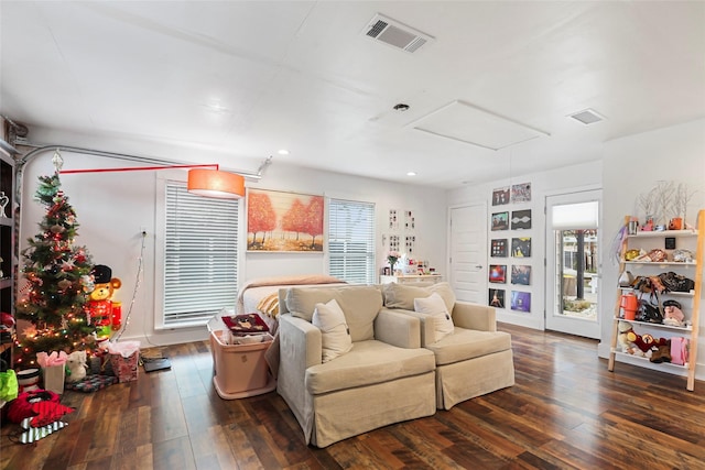 living room with dark hardwood / wood-style floors