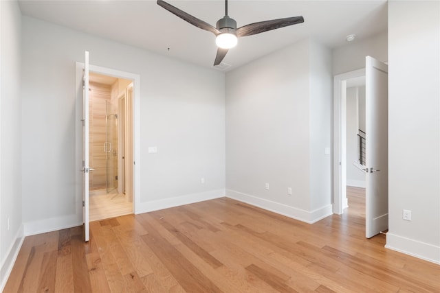 unfurnished bedroom featuring light hardwood / wood-style flooring and ceiling fan