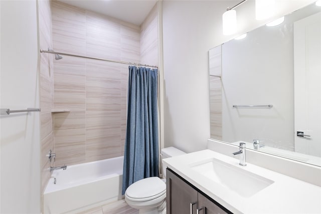 full bathroom featuring shower / bath combination with curtain, vanity, and toilet