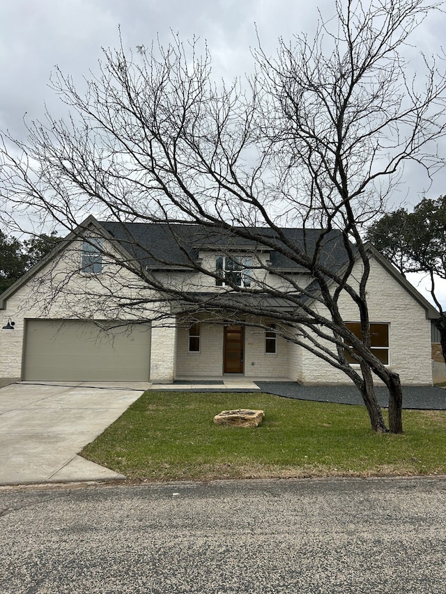 view of front of property with a front yard and a garage