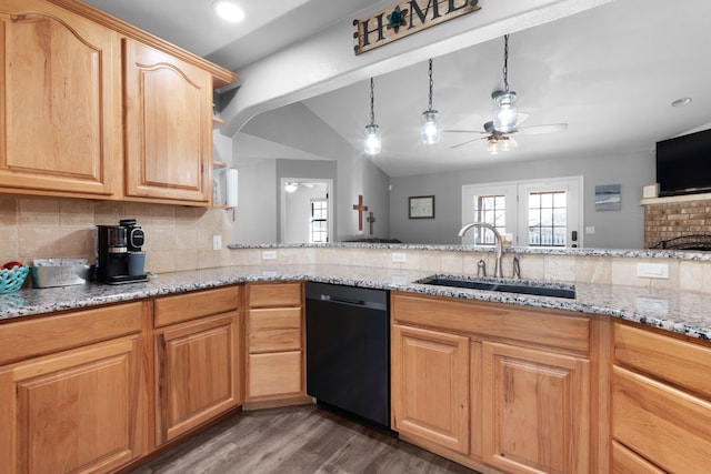 kitchen featuring ceiling fan, sink, black dishwasher, tasteful backsplash, and light brown cabinetry