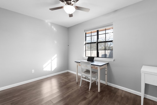 office space featuring ceiling fan and dark wood-type flooring