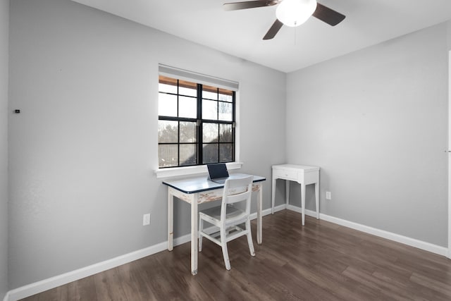 office with dark hardwood / wood-style floors and ceiling fan