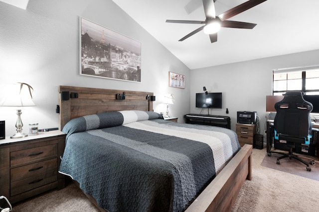 carpeted bedroom featuring ceiling fan and lofted ceiling