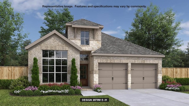 120 King Haakon Bay Dr, Kyle, TX 78640 - view of front of home with stone siding, a garage, driveway, brick siding, and a shingled roof