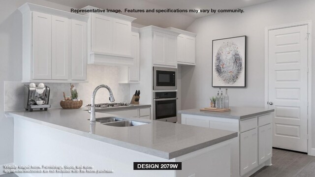 120 King Haakon Bay Dr, Kyle, TX 78640 - kitchen with stainless steel appliances, white cabinets, a peninsula, light wood-style floors, and backsplash