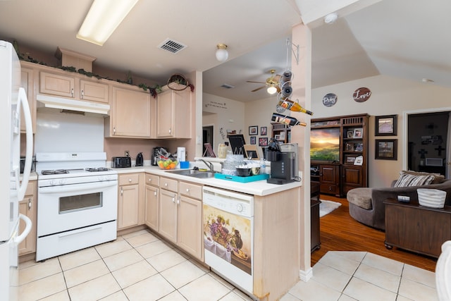 kitchen featuring light brown cabinets, white appliances, sink, ceiling fan, and light tile patterned floors