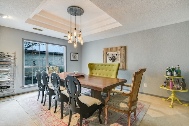 222 Winn Valley Dr, Wimberley, TX 78676 - dining space with light carpet, a textured ceiling, a textured wall, and a raised ceiling