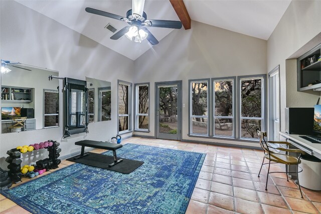 222 Winn Valley Dr, Wimberley, TX 78676 - exercise area featuring a ceiling fan and high vaulted ceiling