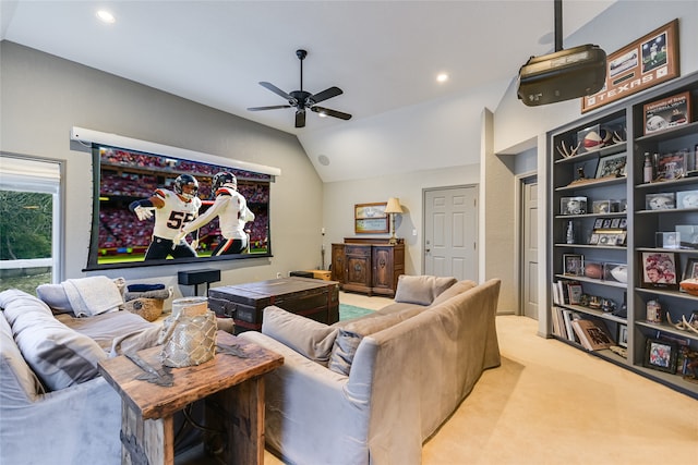 living room with light colored carpet, ceiling fan, and lofted ceiling