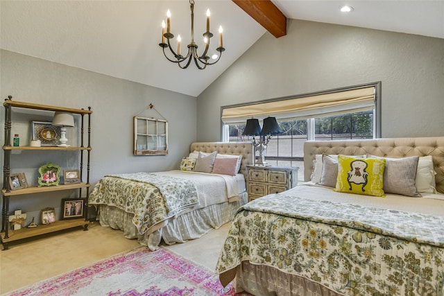 bedroom featuring beamed ceiling, light colored carpet, high vaulted ceiling, and a chandelier