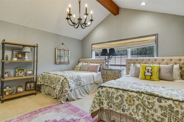 222 Winn Valley Dr, Wimberley, TX 78676 - bedroom with a chandelier, light carpet, beamed ceiling, high vaulted ceiling, and recessed lighting