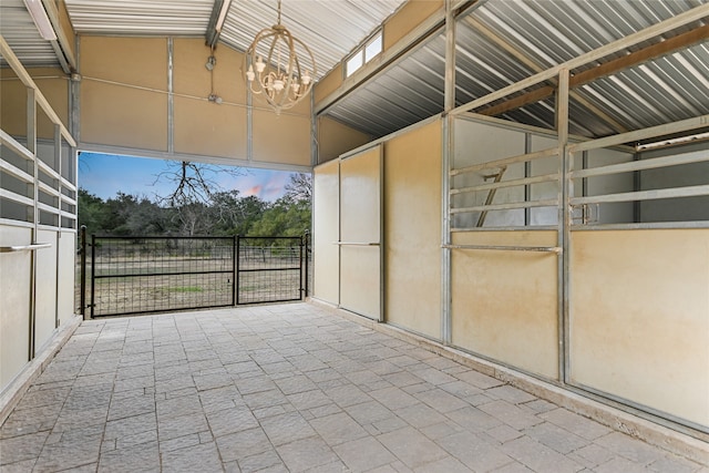 patio terrace at dusk with an outbuilding