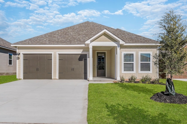 single story home featuring a front yard and a garage