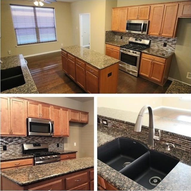 kitchen with sink, dark stone countertops, stainless steel appliances, tasteful backsplash, and a kitchen island